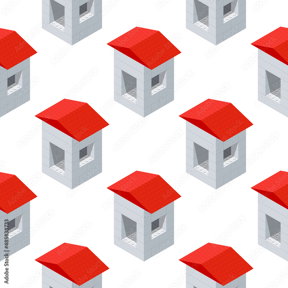 Isometric pattern of houses assembled from plastic blocks for printing and decoration.Vector illustration. Isometric pattern of houses assembled from plastic blocks for printing and decoration.Vector illustration.