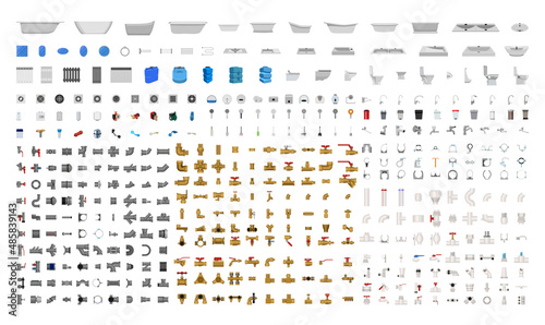 Collection of plumbing equipment and tools. Downpipes of various materials in a realistic style. Detailed illustrations.
