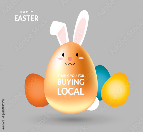 Happy Easter, thank you for buying local vector banner. Golden egg decorated as cute sweet bunny. Wall poster, flyer, ad,  product sticker for local store, organic shop,  market, farm decoration