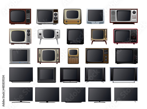 Collection of TVs from different times. Realistic illustrations of TV monitors.