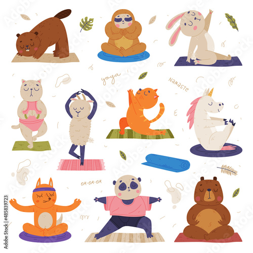 Funny Animals on Yoga Mat Practicing Asana and Stretching Vector Set