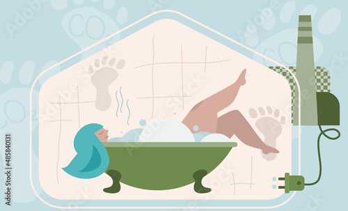 Carbon footprint concept with women relax in bathroom. Sources polluted the world. Global problem with big emissions co2. Vector green politics illustration in flat design style art