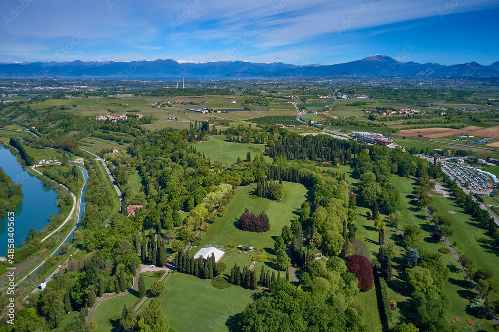 Italian park sigurta aerial view. Flower park in Italy top view.