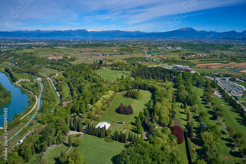 Italian park sigurta aerial view. Flower park in Italy top view. photo