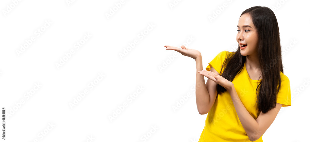 Photo of Advertising concept Asian women look good, positive thinking Are showing gestures. Happy, pointing or present on white background and copy space.clipping path. Photo of Advertising concept Asian women look good, positive thinking Are showing gestures. Happy, pointing or present on white background and copy space.clipping path.