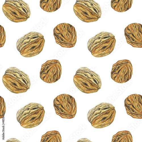 Watercolor walnut seed seamless pattern on white background. Hand drawing illustration. Nut texture for food wallpaper, textile.
