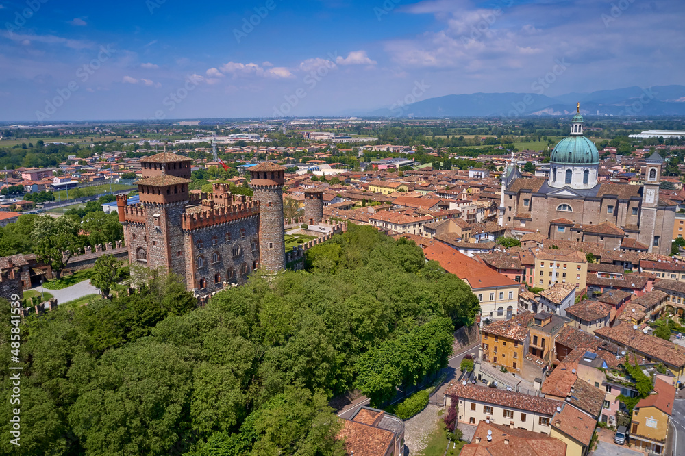 Italian Bonoris air view. Italian castle aerial view. Historic Italy aerial view. Historical castle of Italy top view. Bonoris top view.