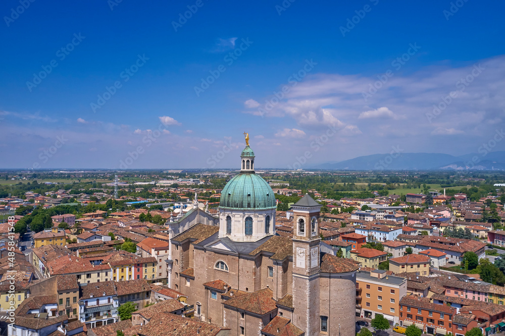 Historic Italy aerial view. Italian church aerial view. Historic churches of Italy top view. Italian city aerial view. Parrocchia Santa Maria Assunta view from above.