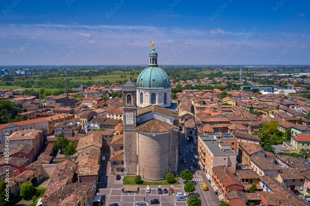 Italian city aerial view. Parrocchia Santa Maria Assunta view from above. Historic Italy aerial view. Italian church aerial view. Historic churches of Italy top view.