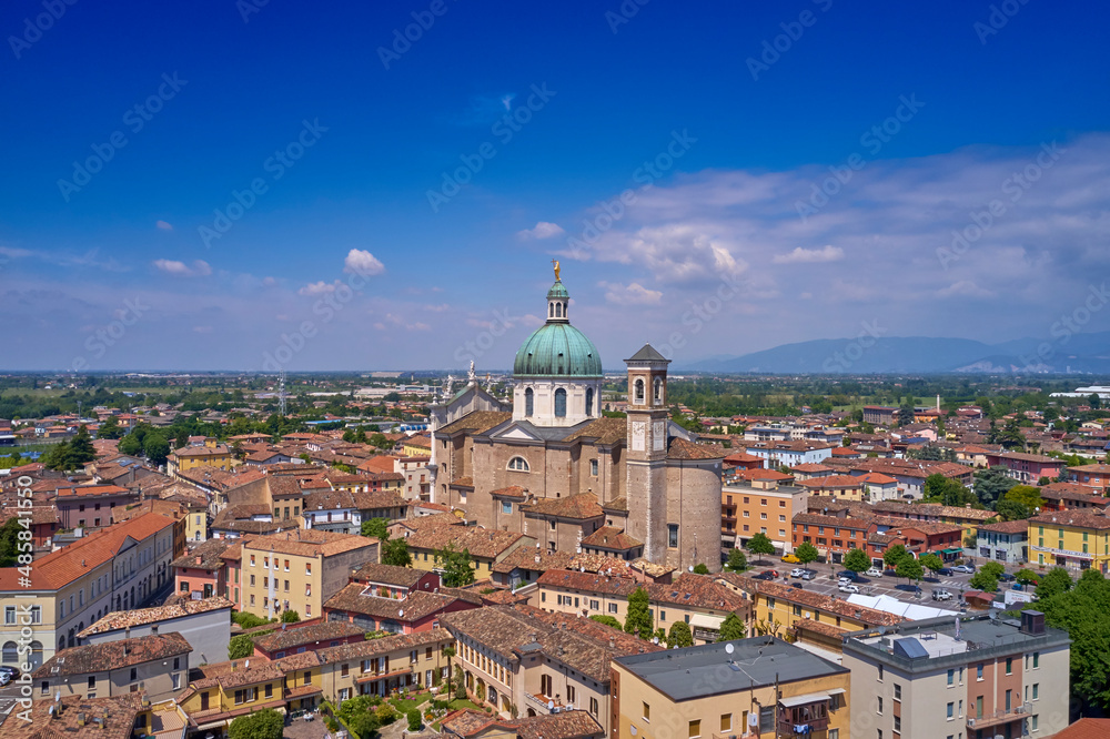Italian church aerial view. Historic churches of Italy top view. Italian city aerial view. Parrocchia Santa Maria Assunta view from above. Historical Italy aerial view.