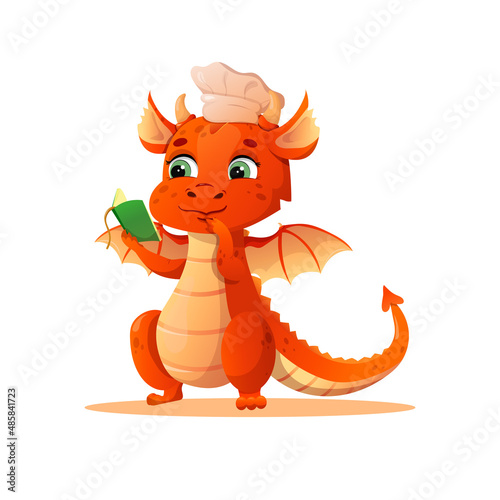 year of the dragon. vector cartoon dragon in a chef's hat with a cookbook in hand, reads it