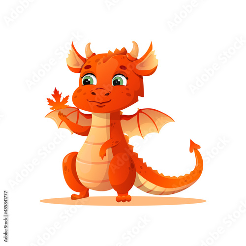 vector cartoon dragon holds an autumn leaf in its paw and looks at it. 