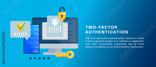 Two factor autentication security illustration banner. Login confirmation notification with password code message. Smartphone, mobile phone and computer app account shield lock icons Isolated photo