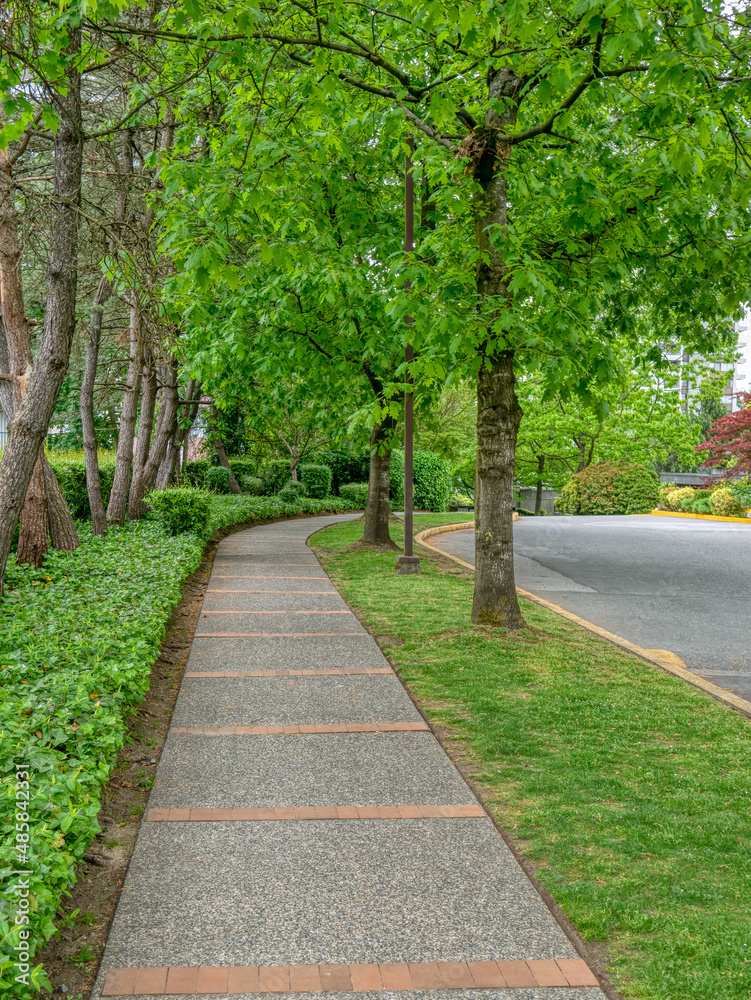 Paved pathway in a park through residential area in Vancouver, Canada