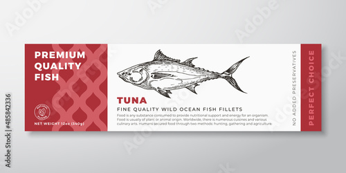 Premium Quality Tuna Vector Packaging Label Design Modern Typography and Hand Drawn Fish Silhouette Seafood Product Background Layout