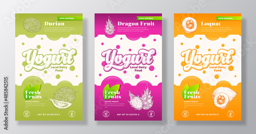 Fruits and Berries Yogurt Label Templates Set. Abstract Vector Dairy Packaging Design Layouts Collection. Modern Banner with Hand Drawn Durian, Pitaya and Loquat Sketches Background Isolated