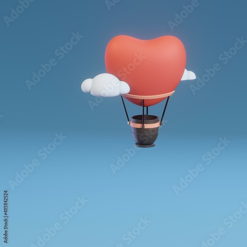 Render of a hot air balloon flying in the sky, in the shape of a heart 3d
