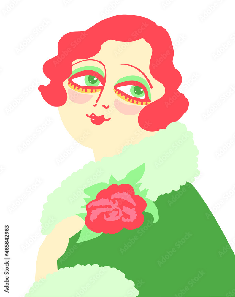 Vintage woman portrait in 1920s style fashion with red flower in hand ...