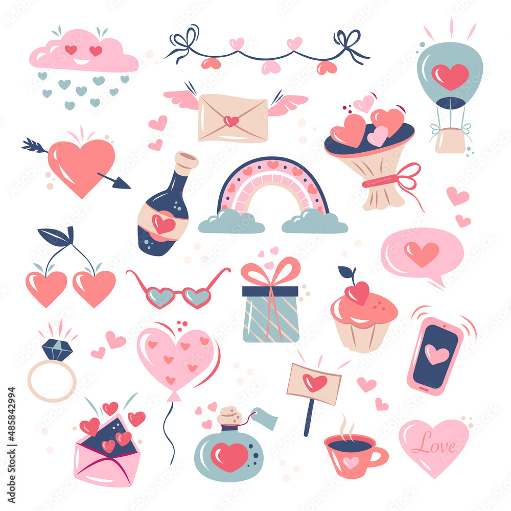 Collection of beautiful elements for Valentine's Day. Hearts and symbols. Isolated white background. Hand drawn vector illustration.