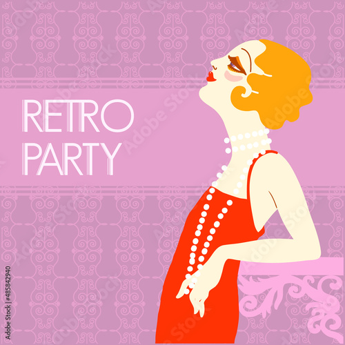 Retro party invitation design template. Vintage flapper girl in 1920s style fashion red dress. Vector retro woman with blond hair and fashion lond beads on her neck