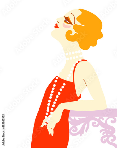Vintage flapper girl in 1920s style fashion red dress. Vector retro woman with blond hair and fashion lond beads on her neck isolated on white backlground