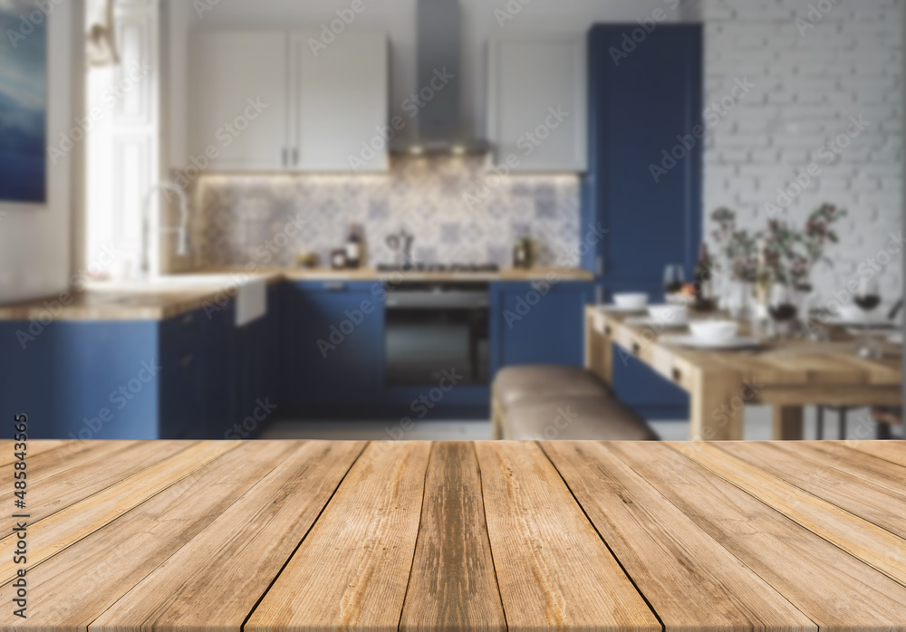 Wooden board empty table blurred background modern kitchen Wooden board empty table blurred background modern kitchen