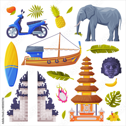 Bali Traditional Cultural Attribute with Pagoda and Ethnic Mask Vector Set