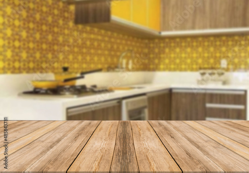 Wooden board empty table blurred background modern kitchen
