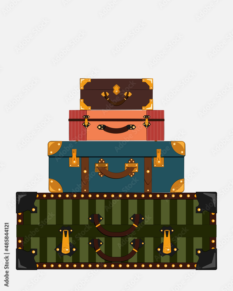 Four suitcases of different sizes and colors. The suitcases lie on top