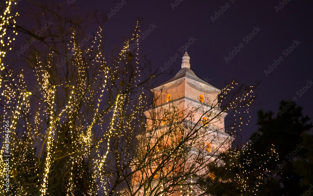 giant wild goose pagoda or Dayan Pagoda located at Da Cien Temple complex in Xian China at night giant wild goose pagoda or Dayan Pagoda located at Da Cien Temple complex in Xian China at night