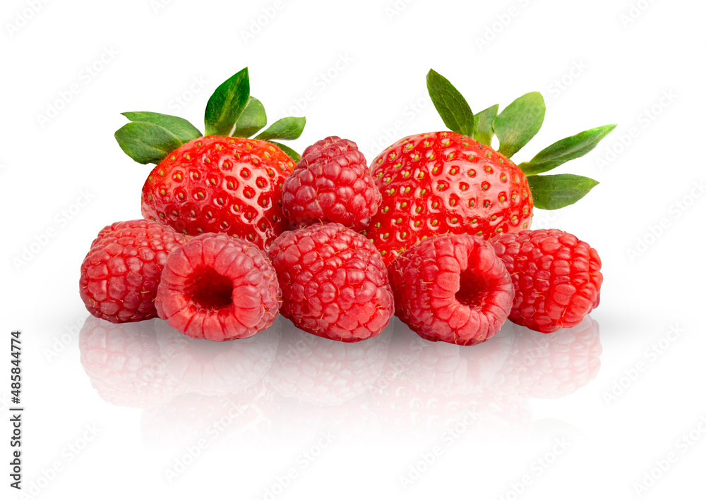 strawberries and raspberries on a white isolated background strawberries and raspberries on a white isolated background