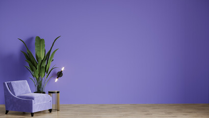 Crédence de cuisine Pantone 2022 very peri Living room with armchair and gold table. Color of the year 2022 - very peri interior. The room is big and empty mockup. 3d rendering  © Viktoriia Lytvyn