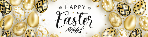 Happy Easter Vector Horizontal Web banner template. Greeting card concept decorated with realistic shine decorative golden eggs on white background. For advert, promotion, poster, web banner, flyer