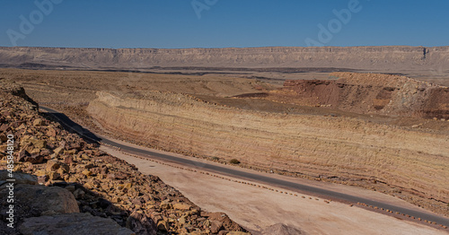 View of an old  restored former a Quarry in the heart of the Ramon Crater and Mount Ardon in the background  located near Mitzpe Ramon  South of Beer Sheba in the Negev Desert  Israel  