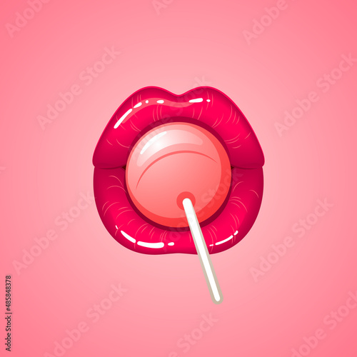 Mouth licking lollipop, red lips and pink candy