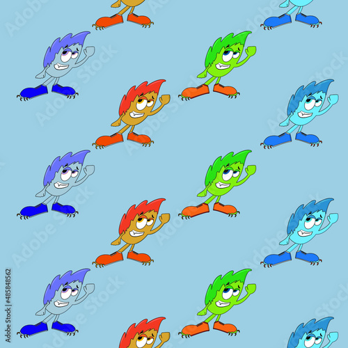Childish pattern with cute monsters on blue background. Vector texture for children clothes, fabrics, textiles