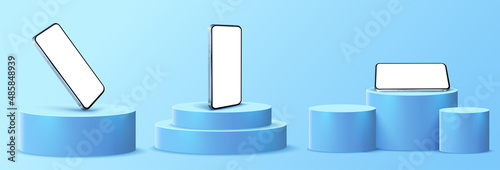 A blue mobile phone on a cylindrical podium, isolated on a blue background. Different phone positions on different platforms and devices. Minimal 3d studio. 3d shape for products display presentation.