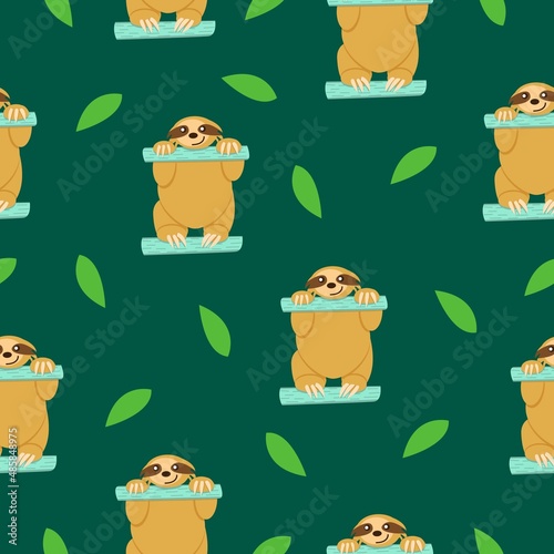 Seamless pattern. Sloths sitting on turquoise fence and green leaves. Dark green background. Cartoon character. Cute and funny. Summer and spring. Wallpaper, textile, scrapbooking and wrapping paper