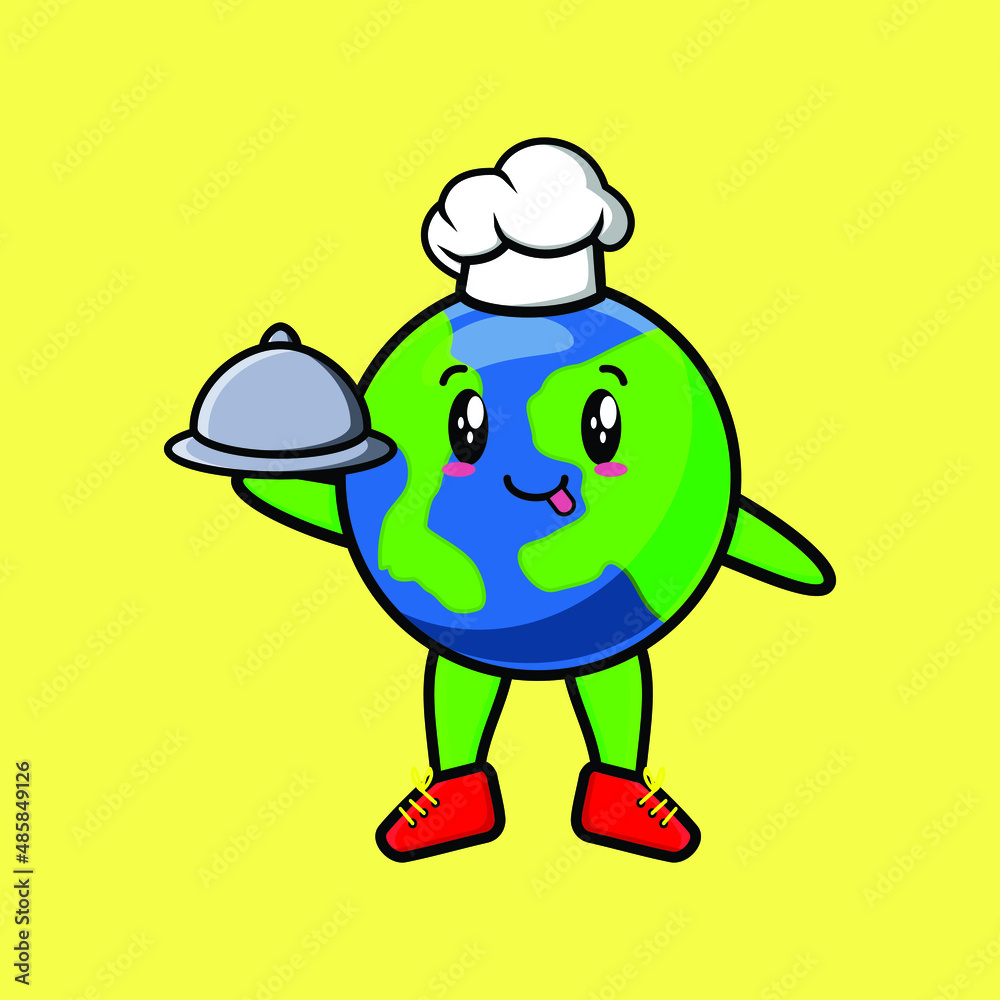 Obraz premium Cute Cartoon chef earth mascot character serving food on tray cute style design for t-shirt, sticker, logo element