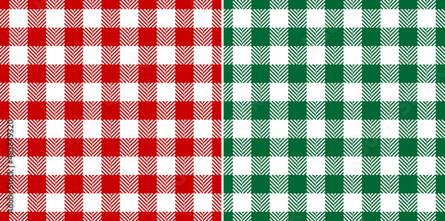 Gingham check plaid pattern for Christmas in red, green, white. Seamless vichy illustration set for picnic tablecloth, dress, skirt, gift paper, napkin, or other modern winter holiday textile print.