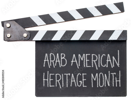 Arab American Heritage Month, white chalk handwriting on a clapboard, reminder of annual monthly event
