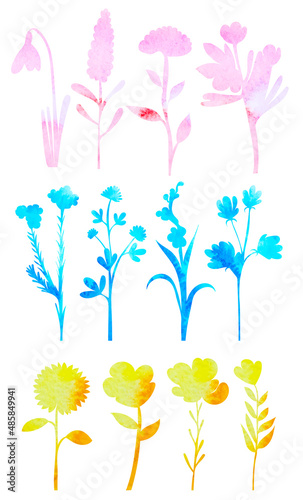 flowers set watercolor silhouette ,on white background, vector