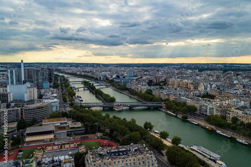 Aerial view of the city of Paris with the nice Seine river seen from the Tour Eifel