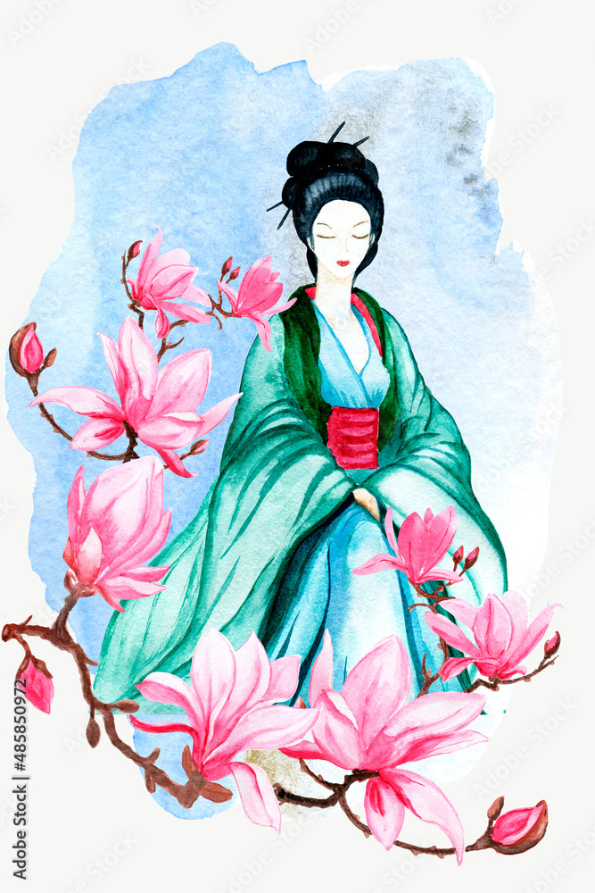 Watercolor illustration of a girl in sakura flowers with a Japanese ...