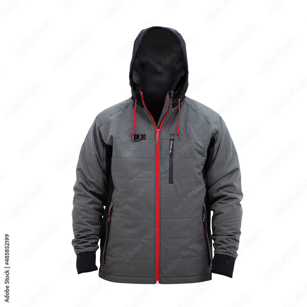 Fabric Insulated Ski Hoodie Isolated on White Background. Gray Waterproof  Mountain Jacket with Red Zipped. Warm Windproof Snowboard Polyester Jacket.  Adventure Travel Clothes. Front View. Photos | Adobe Stock