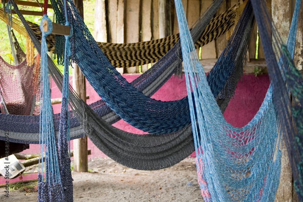 Area with many hammocks to rest or have a nap. Concept slow life. No people, Costa Rica