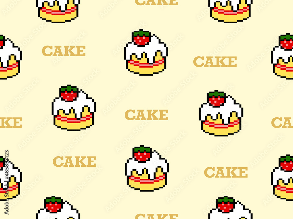 Cake cartoon character seamless pattern on yellow background.Pixel style