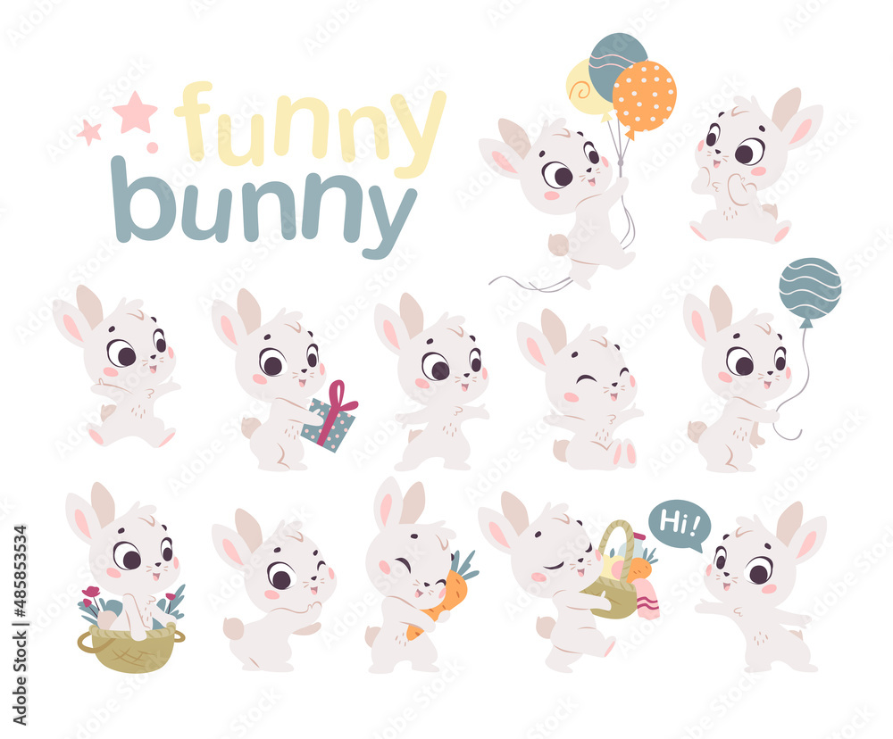 Fototapeta premium Collection of cute little white baby bunny with balloons, sit, jump, carry gift, basket, carrot isolated. Hare character bundle. Vector flat illustration for cards, kid prints, banners design.