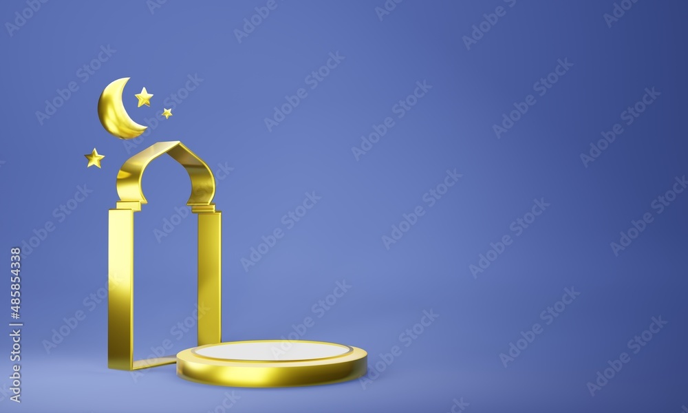 Gold islamic product display mock up on blue background. ramadan, eid fitr adha, mawlid concept, 3D rendering illustration. Gold islamic product display mock up on blue background. ramadan, eid fitr adha, mawlid concept, 3D rendering illustration.