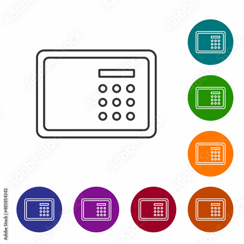 Black line Safe icon isolated on white background. The door safe a bank vault with a combination lock. Reliable Data Protection. Set icons in color circle buttons. Vector